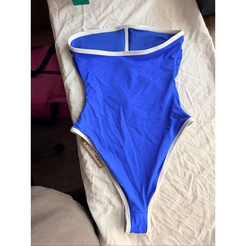 SKIMS Sporty Strapless One Piece Swimsuit Cobalt Size XS Zip Front Style OP-BRF